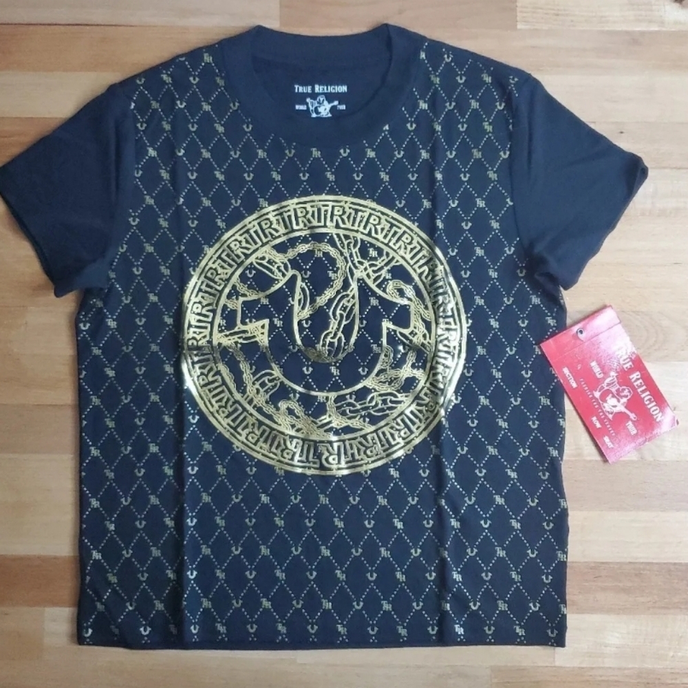 True Religion Womens Black Monogram Gold Foil Crop Top Front Logo Nwt